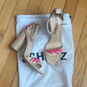 SCHUTZ Pink and Tan Block Heel Sandals